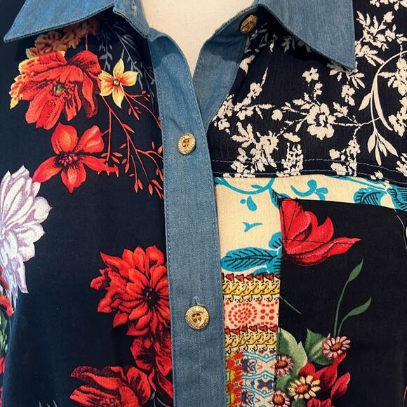 EUC Caleoas Mixed Media‎ Patchwork Drapey Button Down Top Blouse Large L Boho - Picture 6 of 16